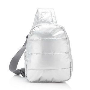 HI LOVE - back pack, metallic silver. 9.6 x 12